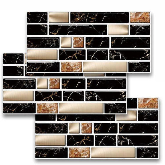 LuxeTile - Self-Adhesive Black & Gold Marble Brick Wall Sticker(Pack of 24)