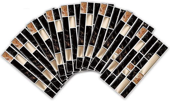 LuxeTile - Self-Adhesive Black & Gold Marble Brick Wall Sticker(Pack of 24)