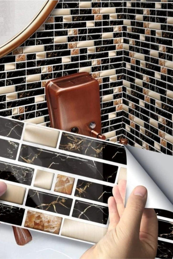 LuxeTile - Self-Adhesive Black & Gold Marble Brick Wall Sticker(Pack of 24)
