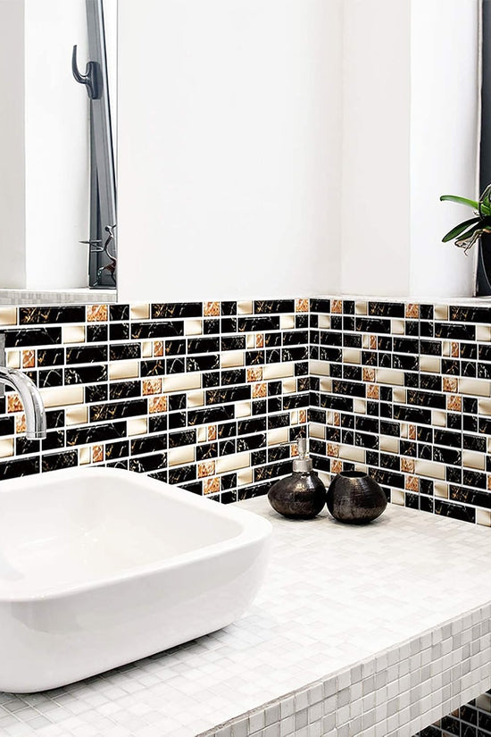 LuxeTile - Self-Adhesive Black & Gold Marble Brick Wall Sticker(Pack of 24)