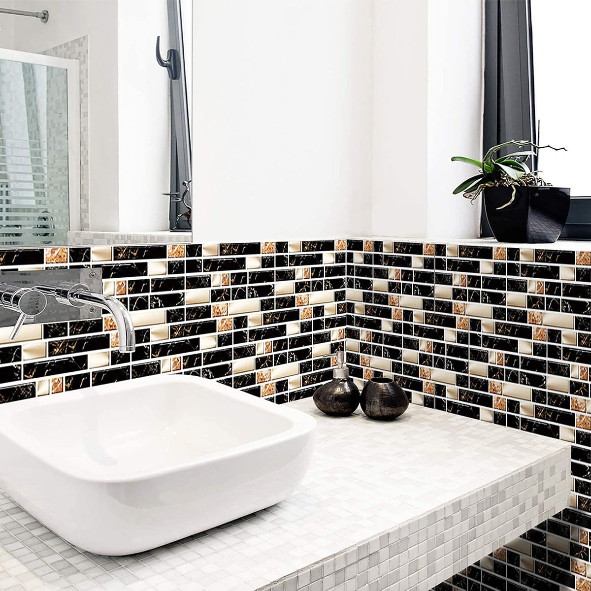 LuxeTile - Self-Adhesive Black & Gold Marble Brick Wall Sticker(Pack of 24)