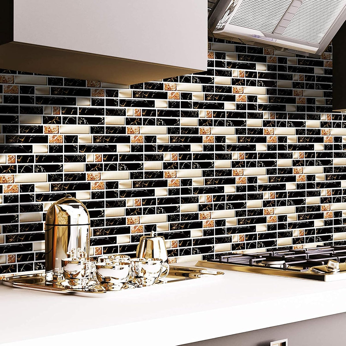 LuxeTile - Self-Adhesive Black & Gold Marble Brick Wall Sticker(Pack of 24)