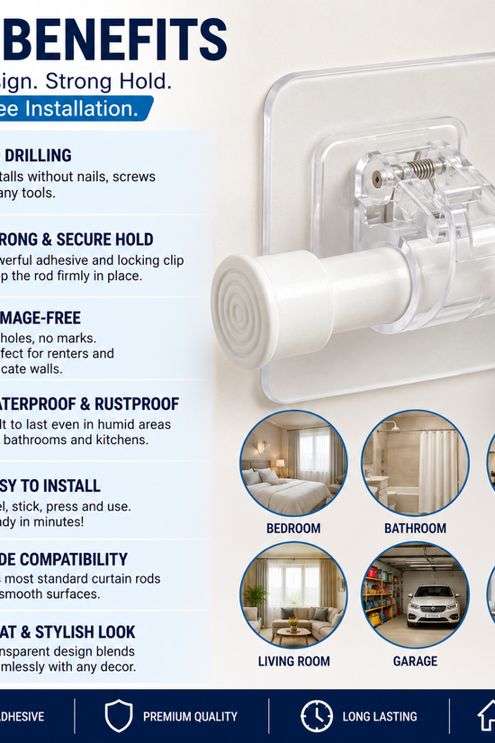 No-Drill Self-Adhesive Curtain Rod Holder (Pack of 2)